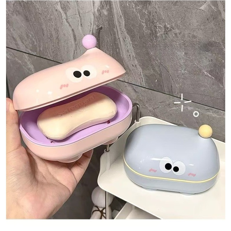 Soap Making Box - フリップトップソープボックス 大きな目のかわいい家庭用排水石鹸ホルダー 蓋付き漫画ソープボックス 学生寮のバスルーム収納用