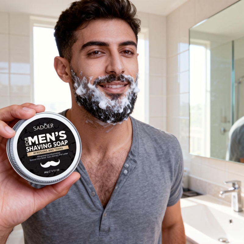 Soap Making Foam - 60gのメンズシェービングソープにはミントエキス、オリーブフルーツオイル、トコフェロールが含まれており、肌に害を与えず、ひげを柔らかくし、滑らかなシェービングを実現します。濃厚で細かい泡で、ひげを簡単に柔らかくし、シェービングをよりスムーズにします。メンズシェービングソープ60gはひげを柔らかくし、滑らかなシェービングを実現します。